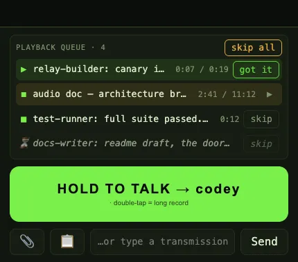 The queue: one thing playing, an audio document paused for live traffic, more holding.